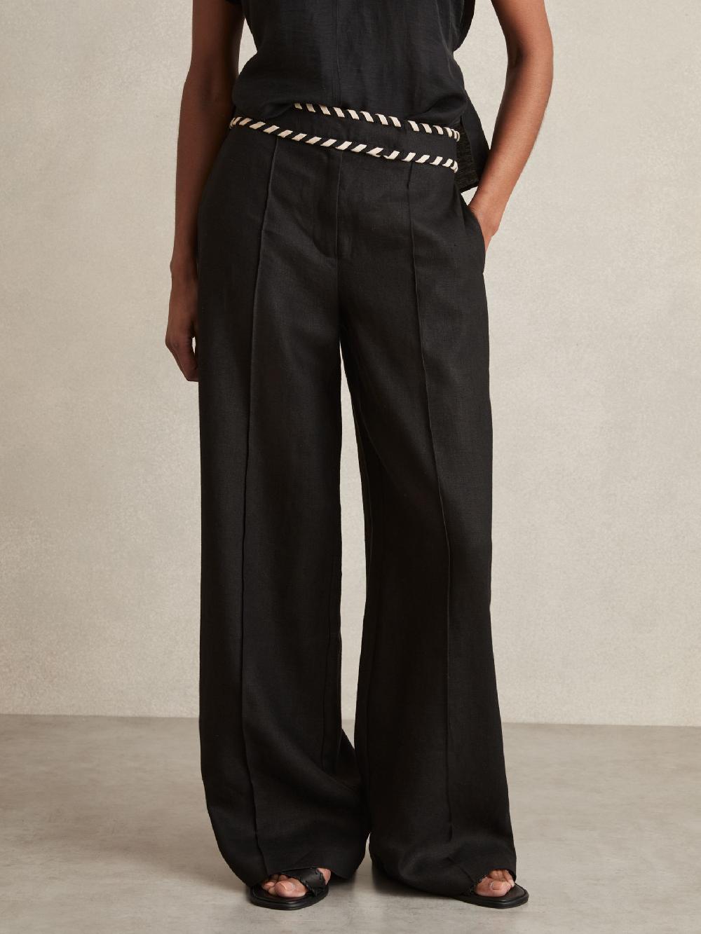 Reiss Petite Linen Wide-Leg Whipstitch Trousers In Black