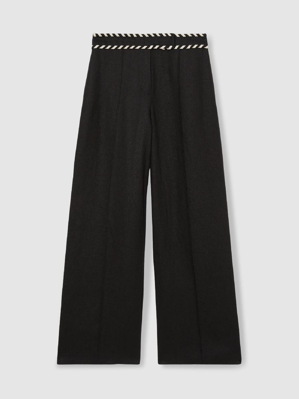 Reiss Petite Linen Wide-Leg Whipstitch Trousers In Black