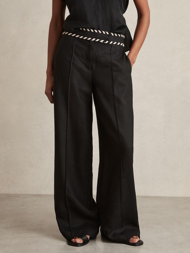 reiss Petite Linen Wide-Leg Whipstitch Trousers in Black