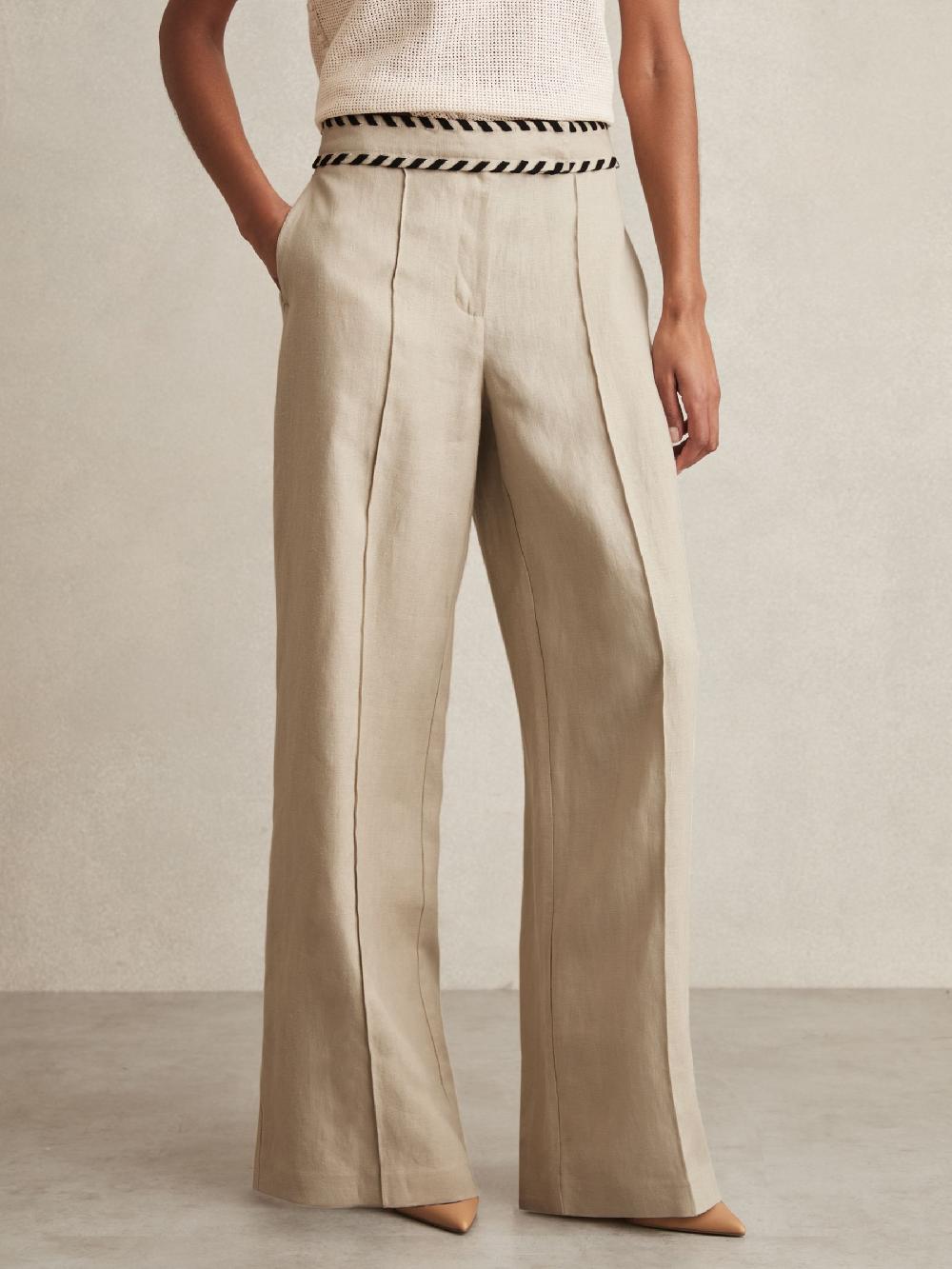 Reiss Petite Linen Wide-Leg Whipstitch Trousers In Neutral