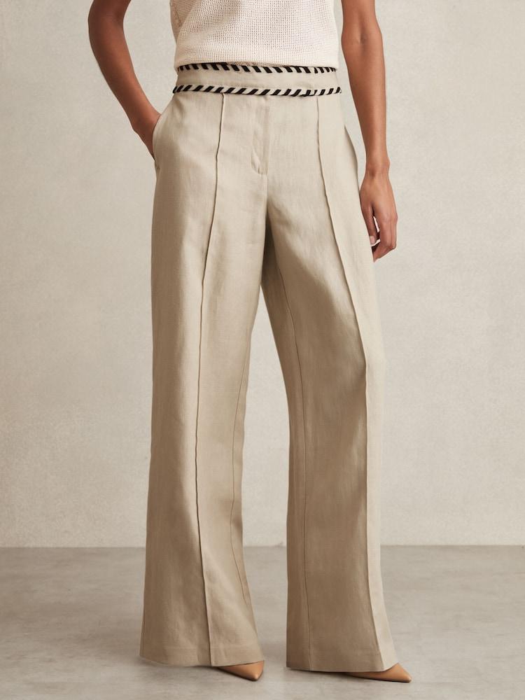reiss Petite Linen Wide-Leg Whipstitch Trousers in Neutral