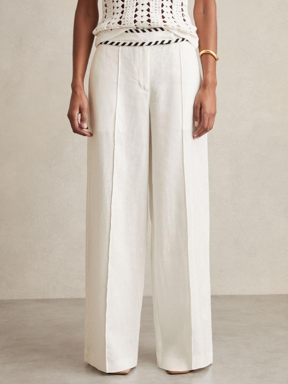 Reiss Petite Linen Wide-Leg Whipstitch Trousers In White