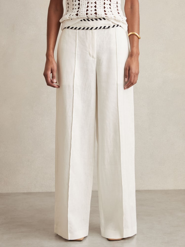 reiss Petite Linen Wide-Leg Whipstitch Trousers in White