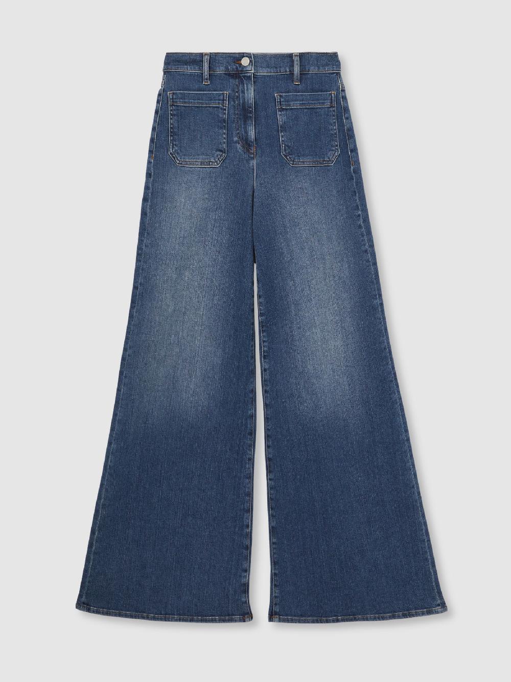 Reiss Petite Patch Pocket Wide Leg Jeans In Mid Blue