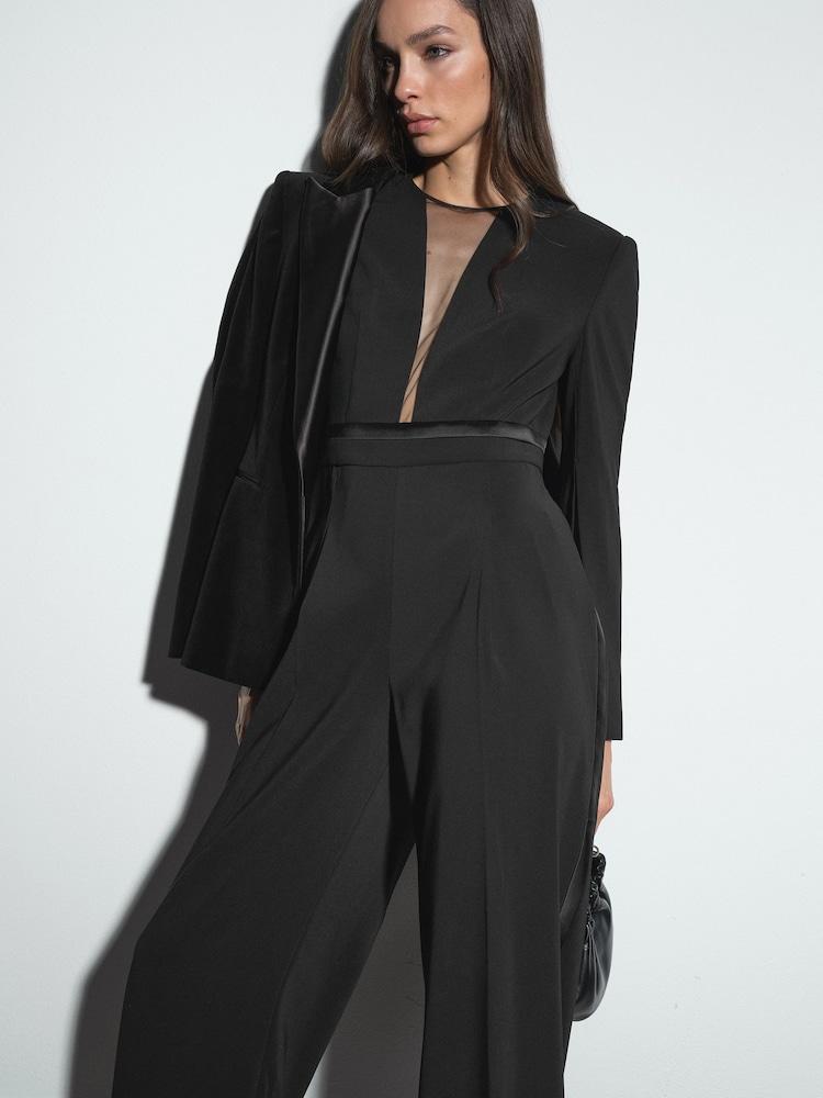 reiss Petite Plunge-Neck Split-Sleeve Jumpsuit in Black