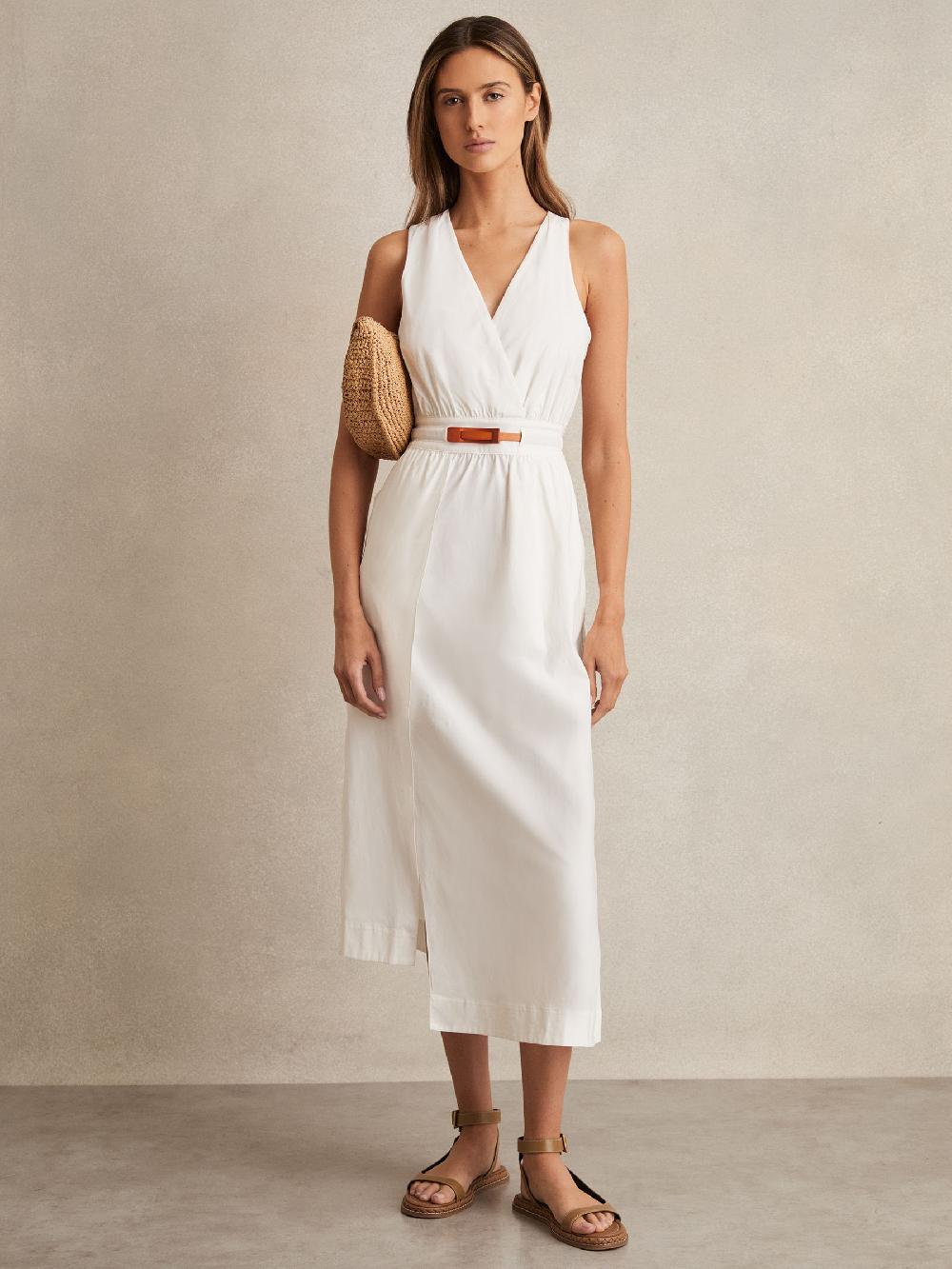 Reiss Petite Poplin Belted Split Midi Dress In Ivory