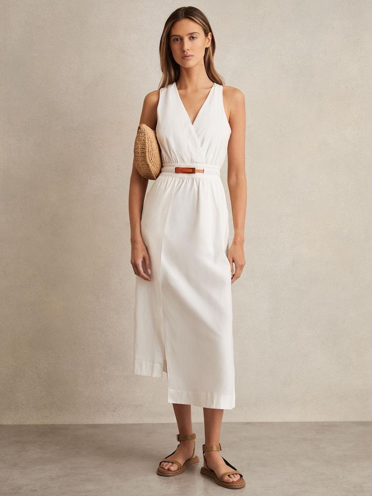 reiss Petite Poplin Belted Split Midi Dress in Ivory