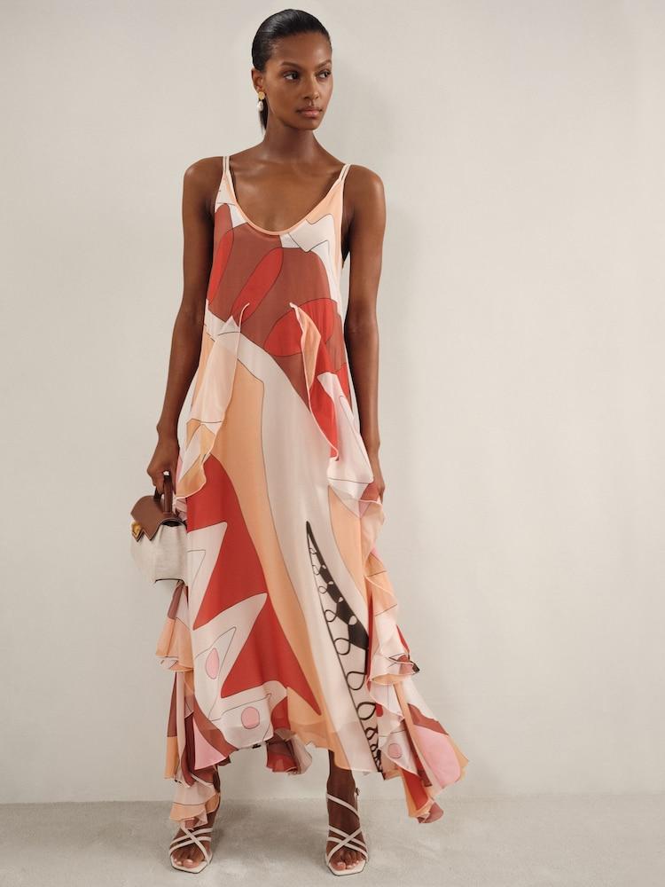 reiss Petite Printed Ruffle Trim Maxi Dress in Cream/Red