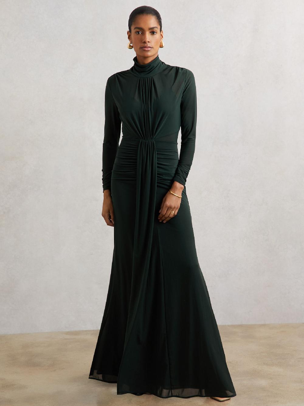 Reiss Petite Ruched Long-Sleeve Maxi Dress In Dark Green
