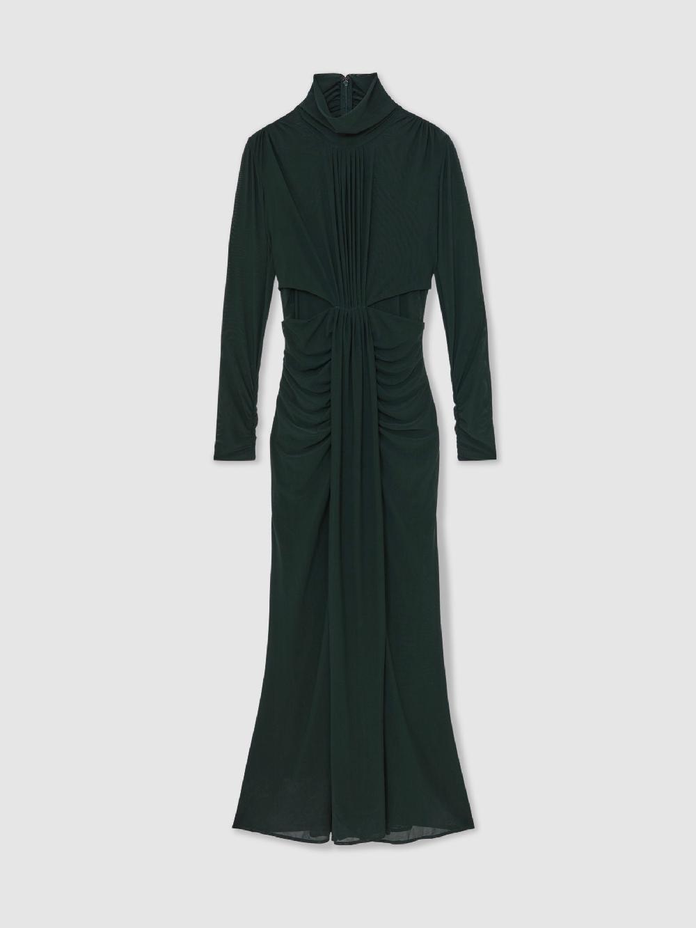 Reiss Petite Ruched Long-Sleeve Maxi Dress In Dark Green