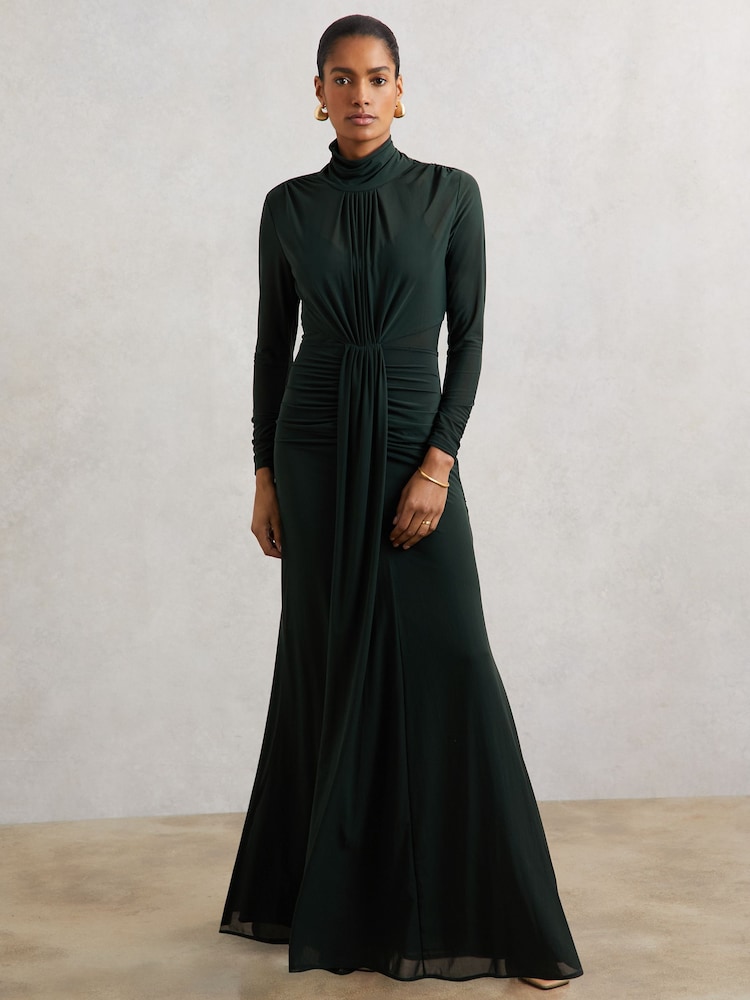 reiss Petite Ruched Long-Sleeve Maxi Dress in Dark Green