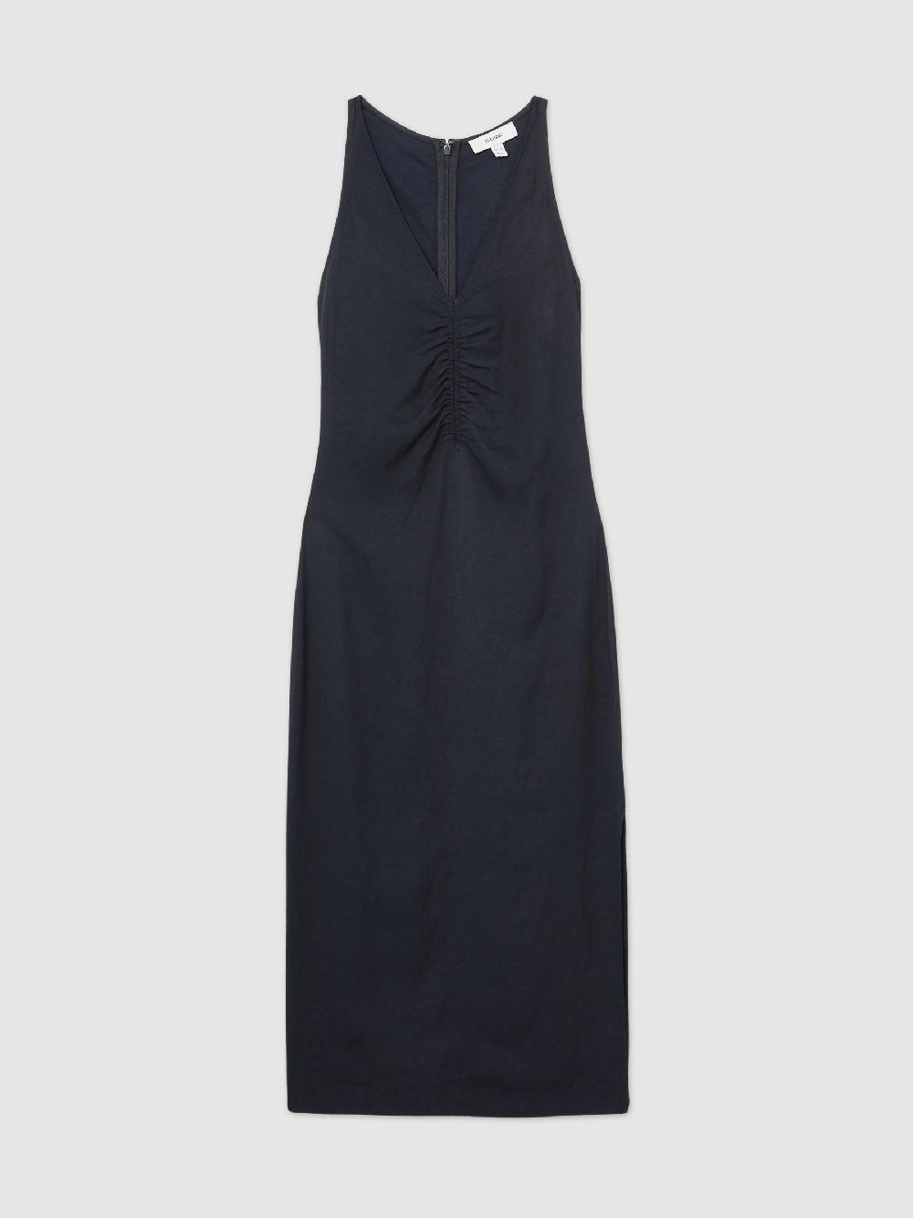 Reiss Petite Ruched Sleeveless Midi Dress With Linen In Navy