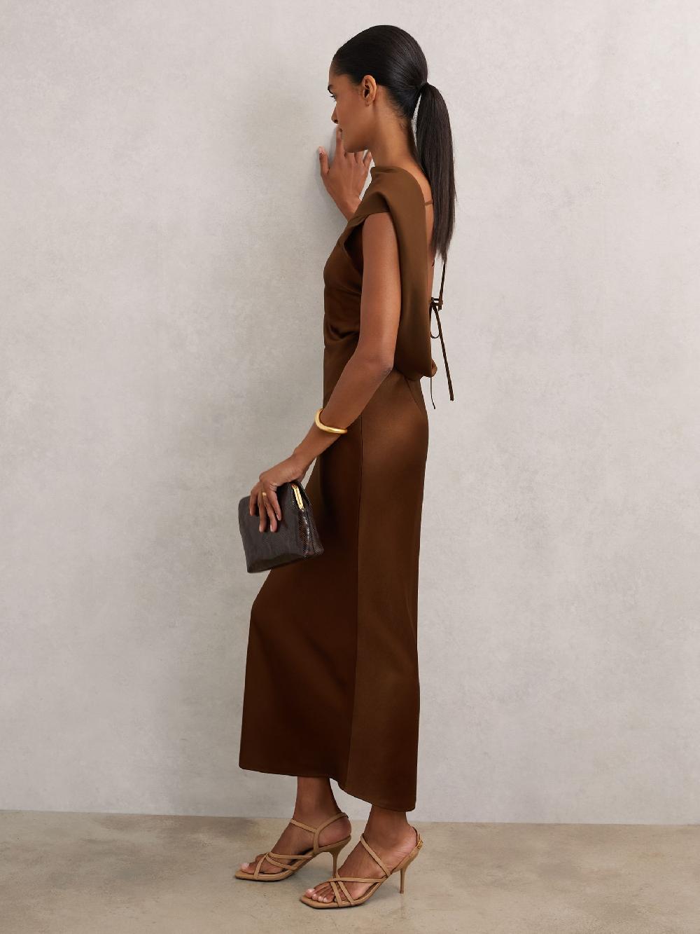 Reiss Petite Satin Draped Open-Back Dress In Bronze