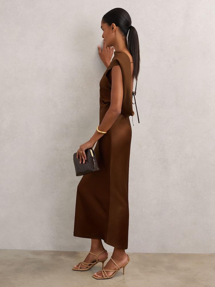 reiss Petite Satin Draped Open-Back Dress in Bronze