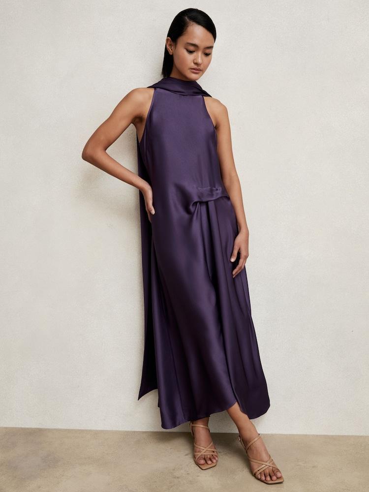 reiss Petite Satin Tuck-Detail Cape Midi Dress in Purple