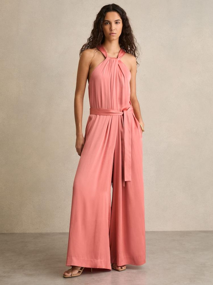 reiss Petite Satin Wide-Leg Draped Jumpsuit in Pink
