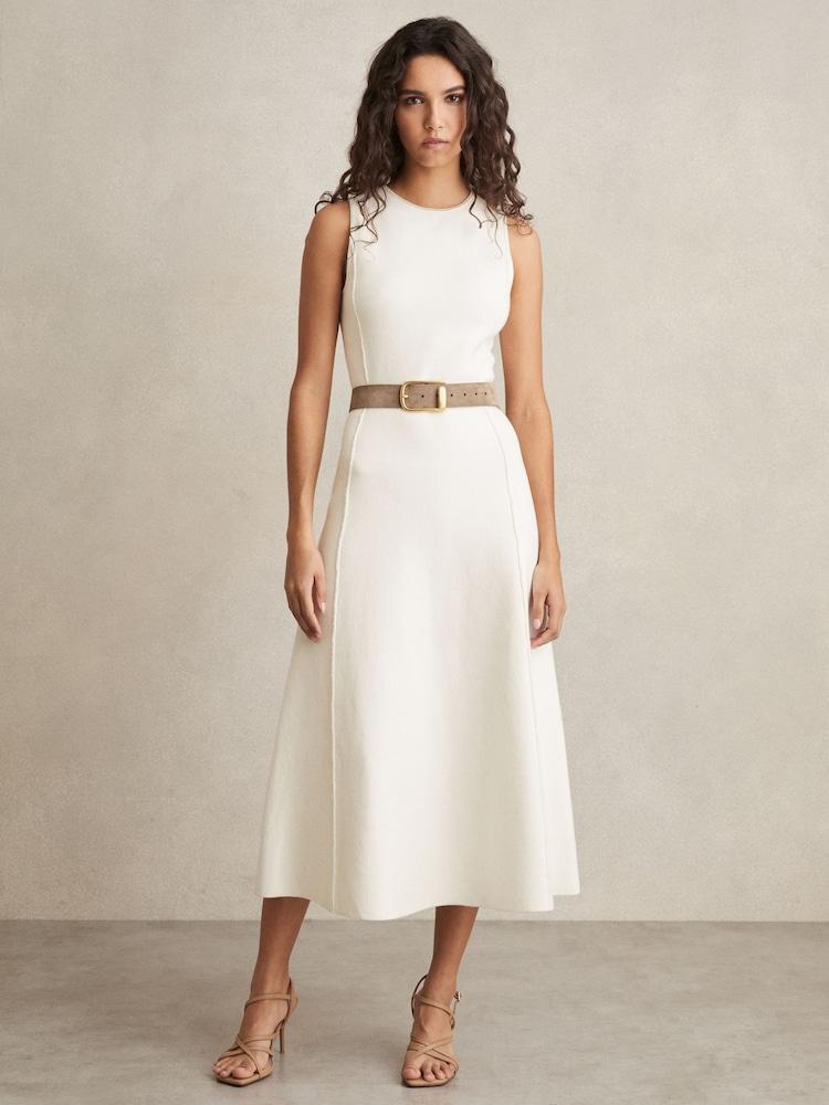 reiss Petite Seam Detail Knitted Midi Dress in Ivory