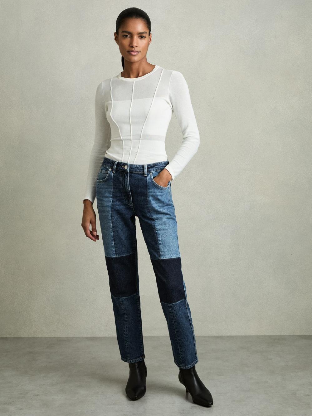 Reiss Petite Straight-Leg Patchwork Jeans In Mid Blue