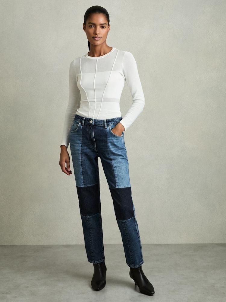 reiss Petite Straight-Leg Patchwork Jeans in Mid Blue