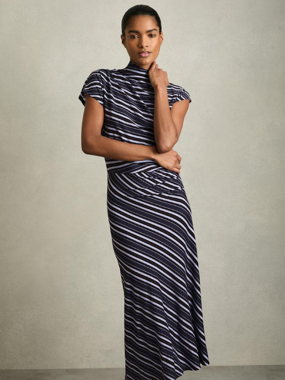 Reiss Petite Stripe-Print Draped Midi Dress In Blue