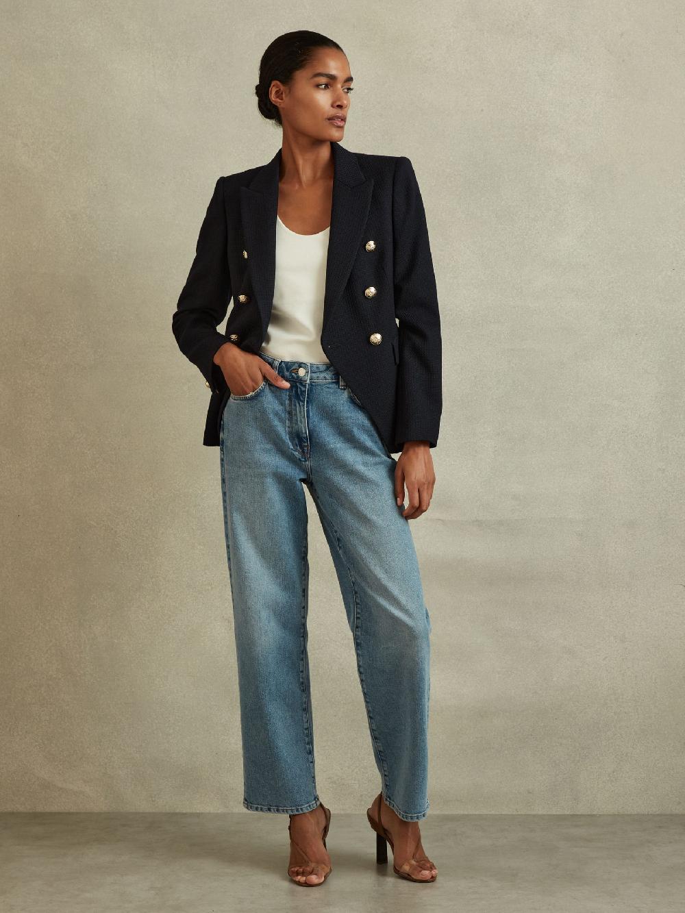 Reiss Petite Tailored Fit Textured Double Breasted Blazer In Navy