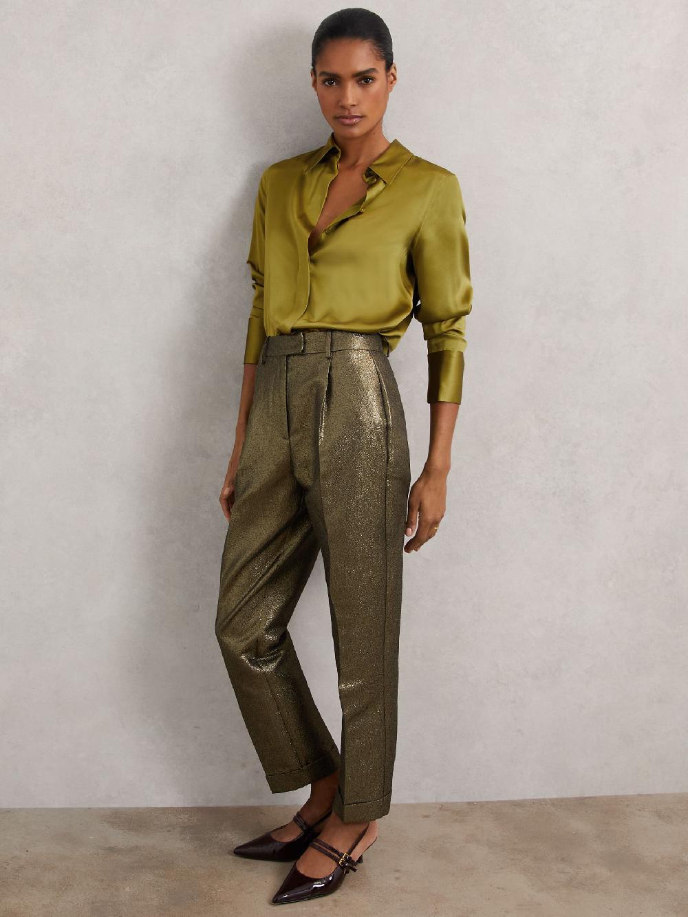 Reiss Petite Tapered Metallic Suit Trousers With Cotton In Gold