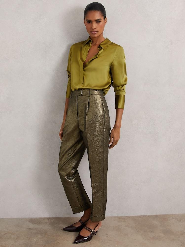 reiss Petite Tapered Metallic Suit Trousers with Cotton in Gold