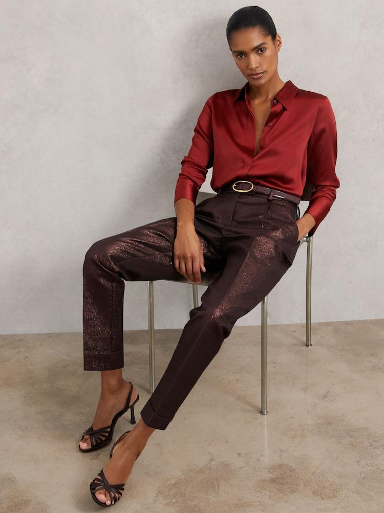 reiss Petite Tapered Metallic Suit Trousers with Cotton in Burgundy