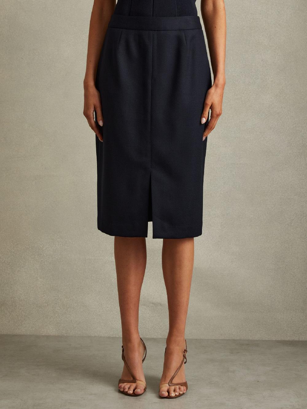Reiss Petite Textured Pencil Midi Suit Skirt In Navy