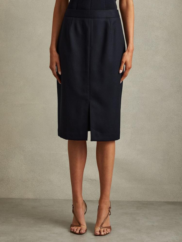reiss Petite Textured Pencil Midi Suit Skirt in Navy