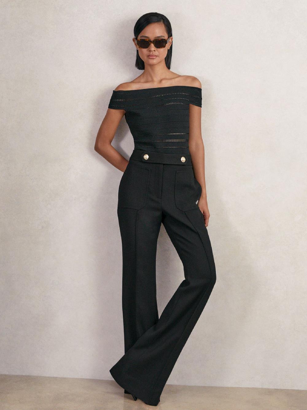 Reiss Petite Twill Button-Tab Flared Trousers With Wool In Black