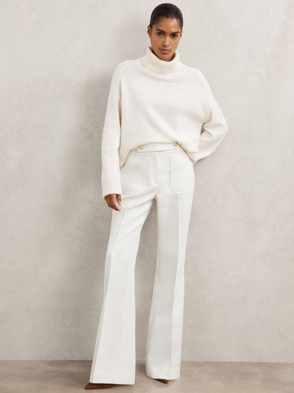 Reiss Petite Twill Button-Tab Flared Trousers With Wool In White