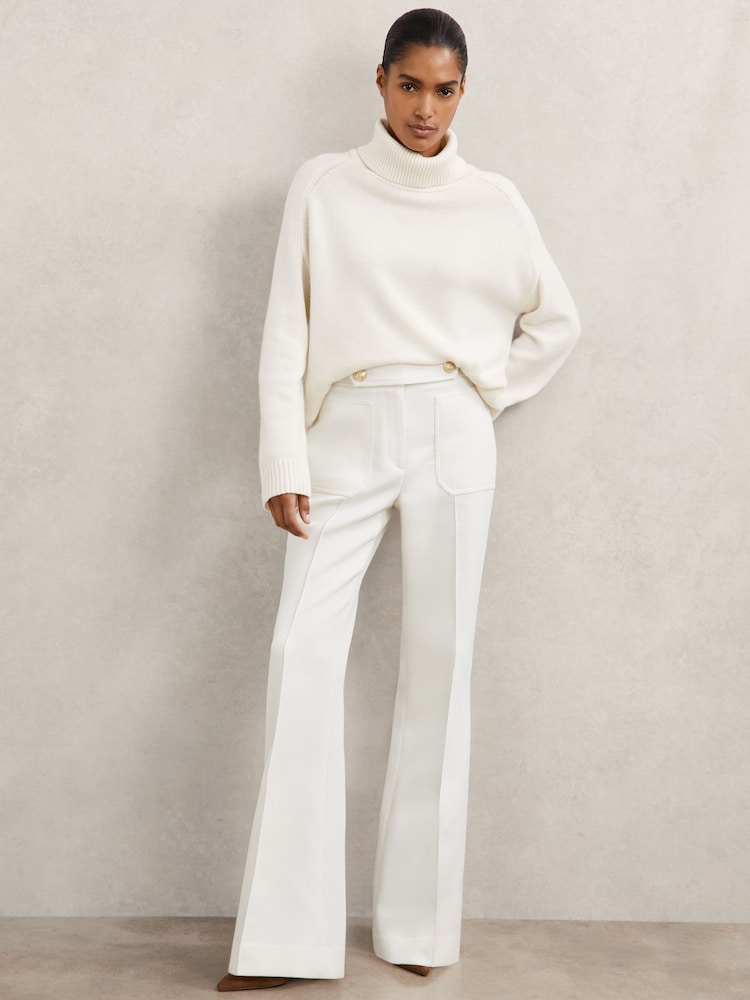 reiss Petite Twill Button-Tab Flared Trousers With Wool in White