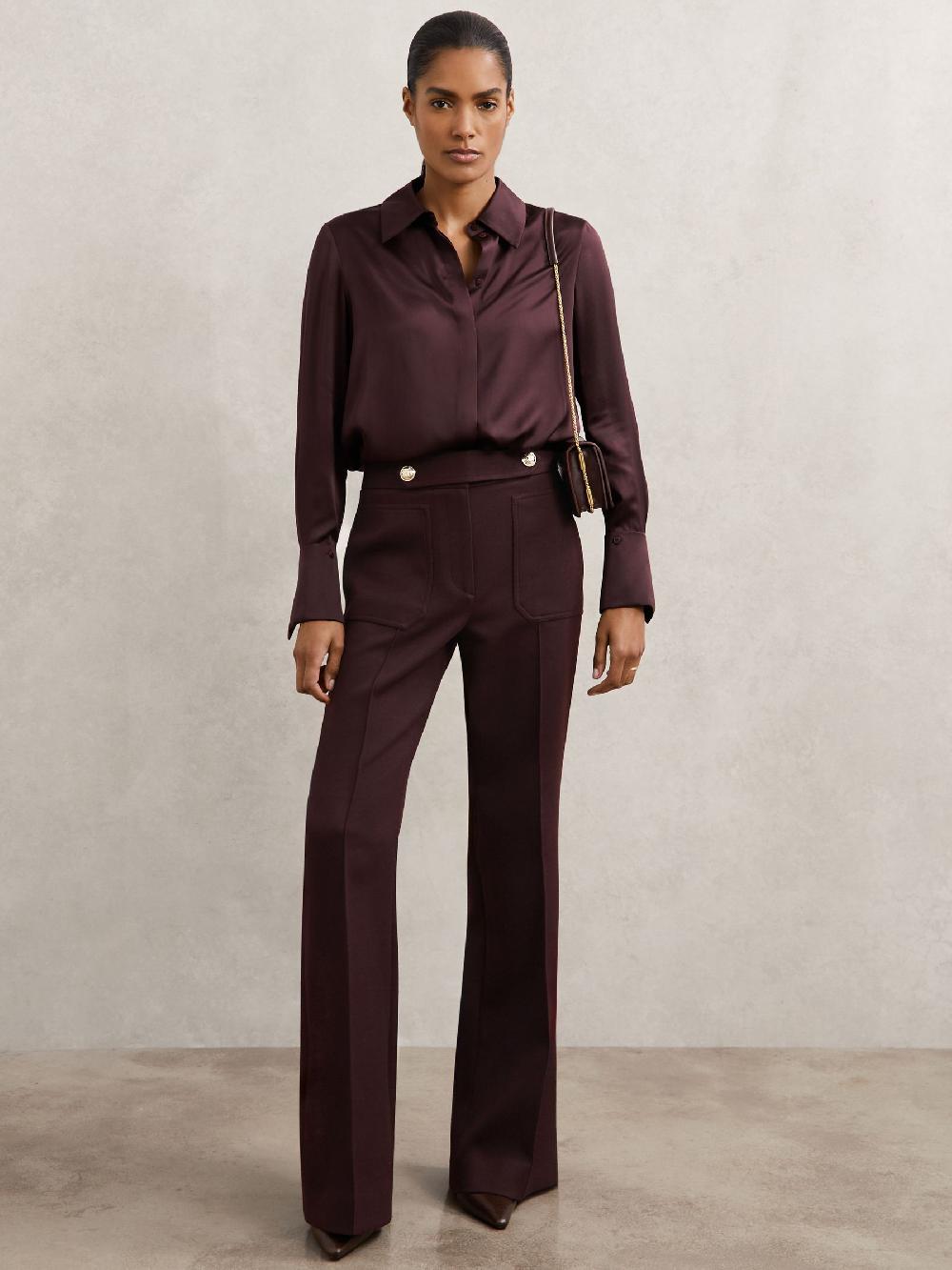 Reiss Petite Twill Button-Tab Flared Trousers With Wool In Burgundy
