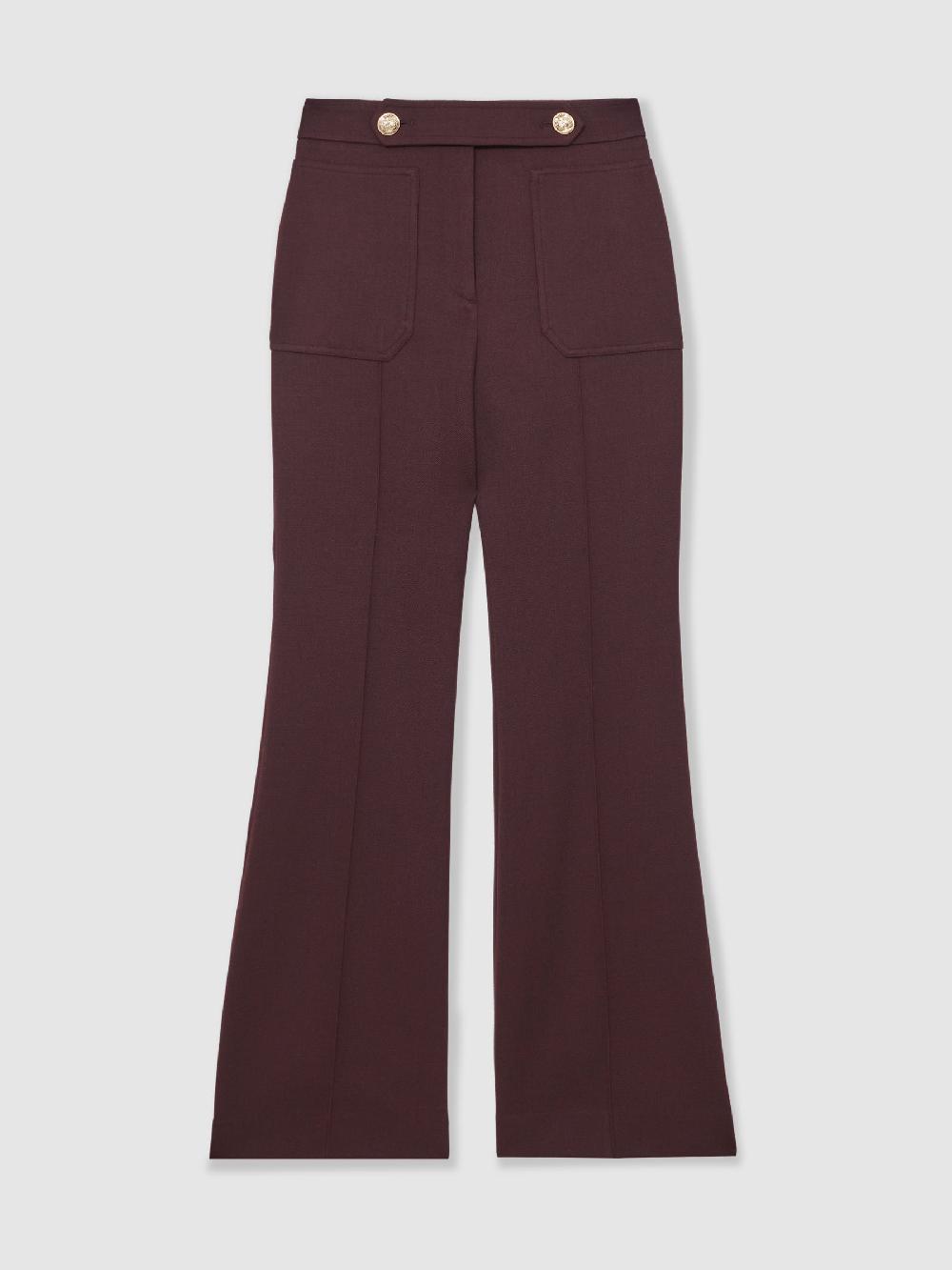 Reiss Petite Twill Button-Tab Flared Trousers With Wool In Burgundy