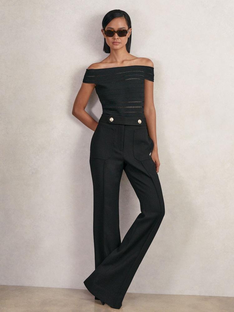 reiss Petite Twill Button-Tab Flared Trousers With Wool in Black