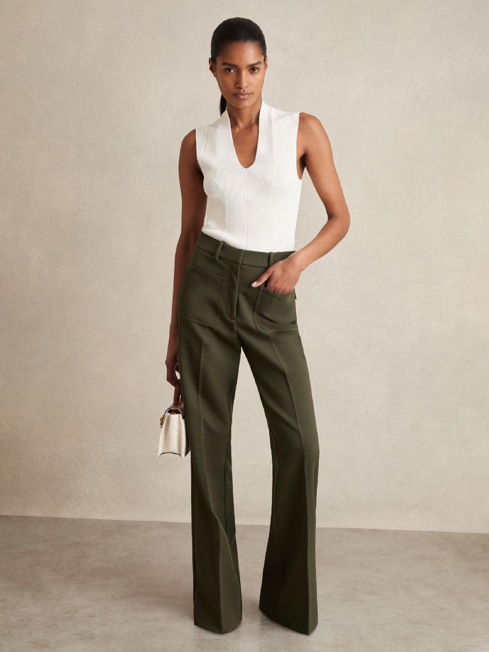 Reiss Petite Twill Patch-Pocket Flared Trousers In Green