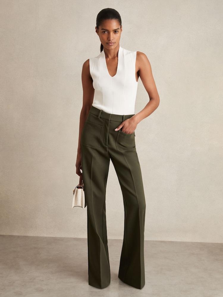 reiss Petite Twill Patch-Pocket Flared Trousers in Green