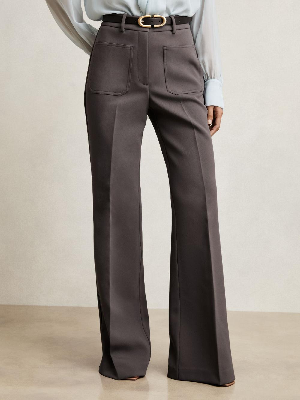 Reiss Petite Twill Patch-Pocket Flared Trousers In Mauve Neutral