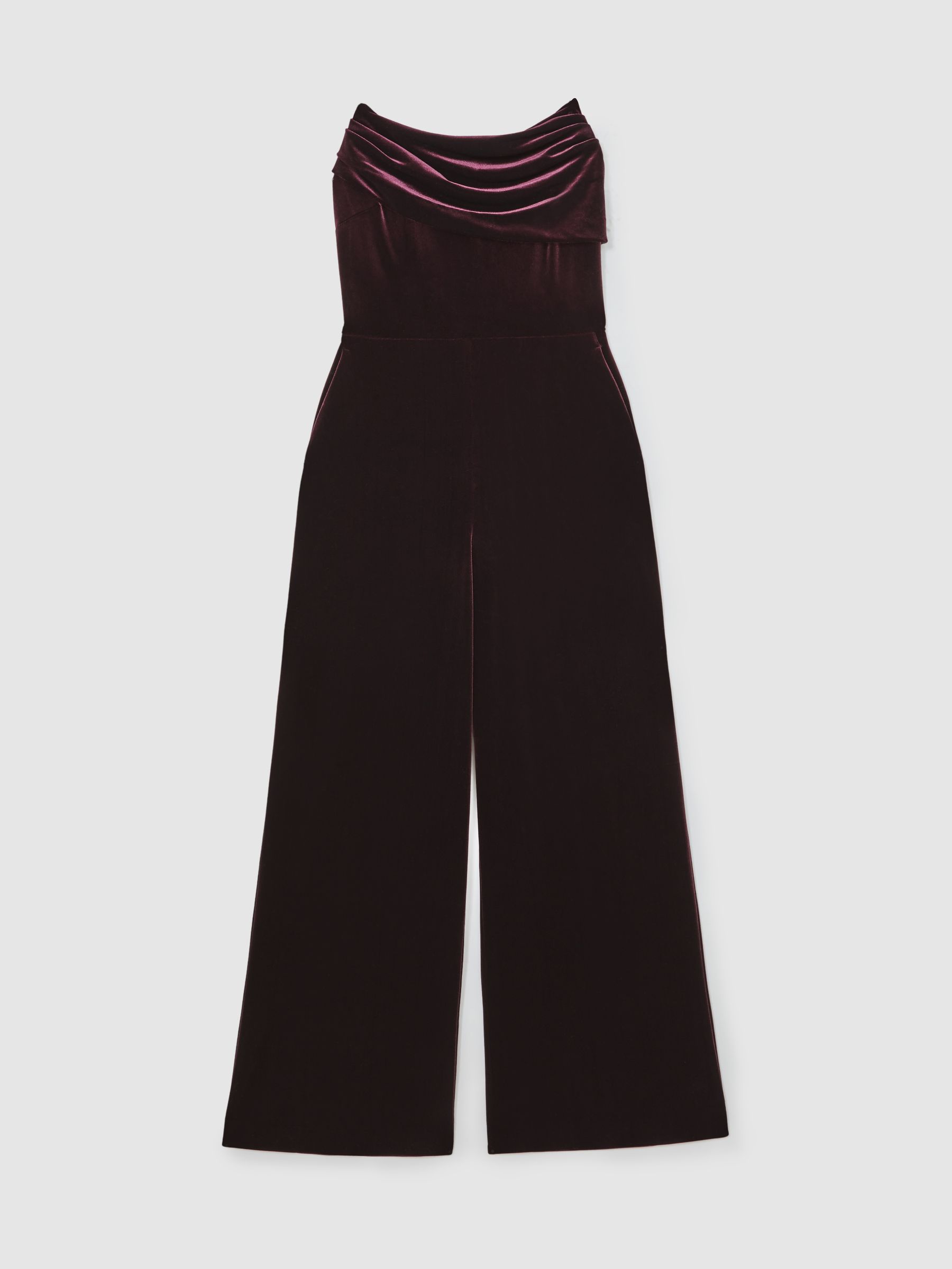 Reiss Petite Velvet Drape Strapless Jumpsuit In Burgundy