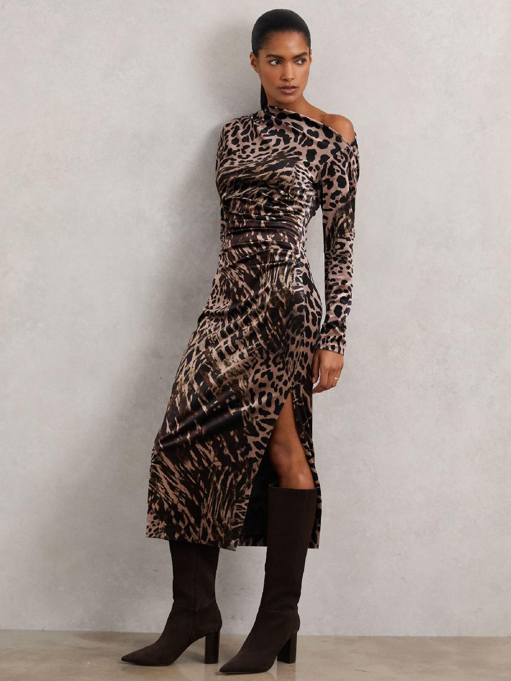 Reiss Petite Velvet Leopard-Print Midi Dress In Black/Brown