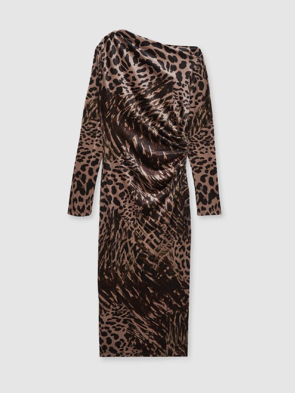 Reiss Petite Velvet Leopard-Print Midi Dress In Black/Brown