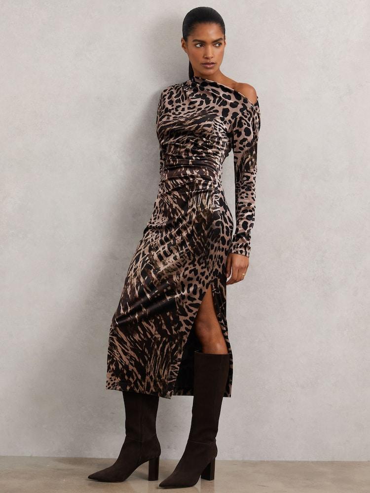 reiss Petite Velvet Leopard-Print Midi Dress in Black/Brown