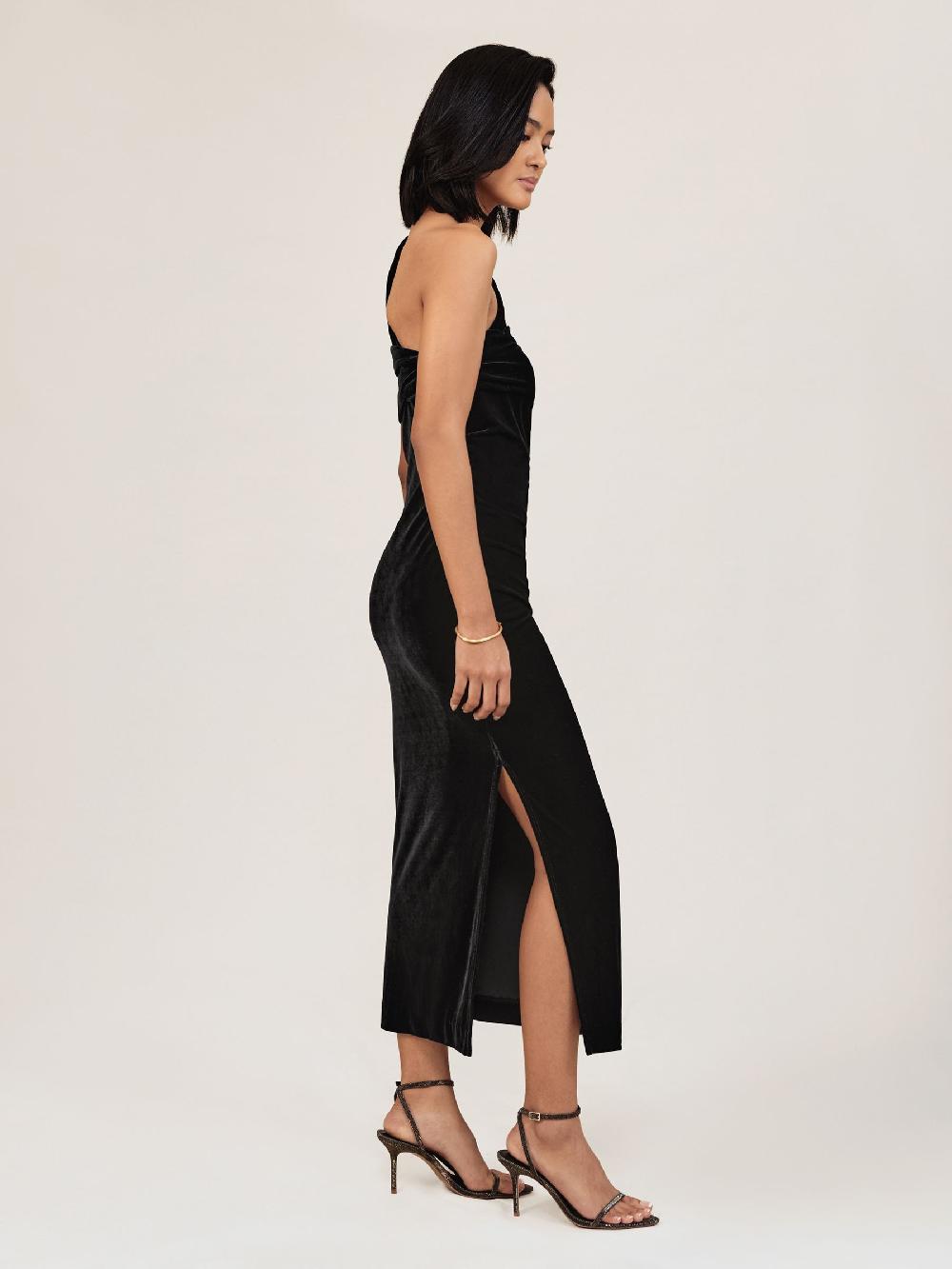 Reiss Petite Velvet One-Shoulder Midi Dress In Black
