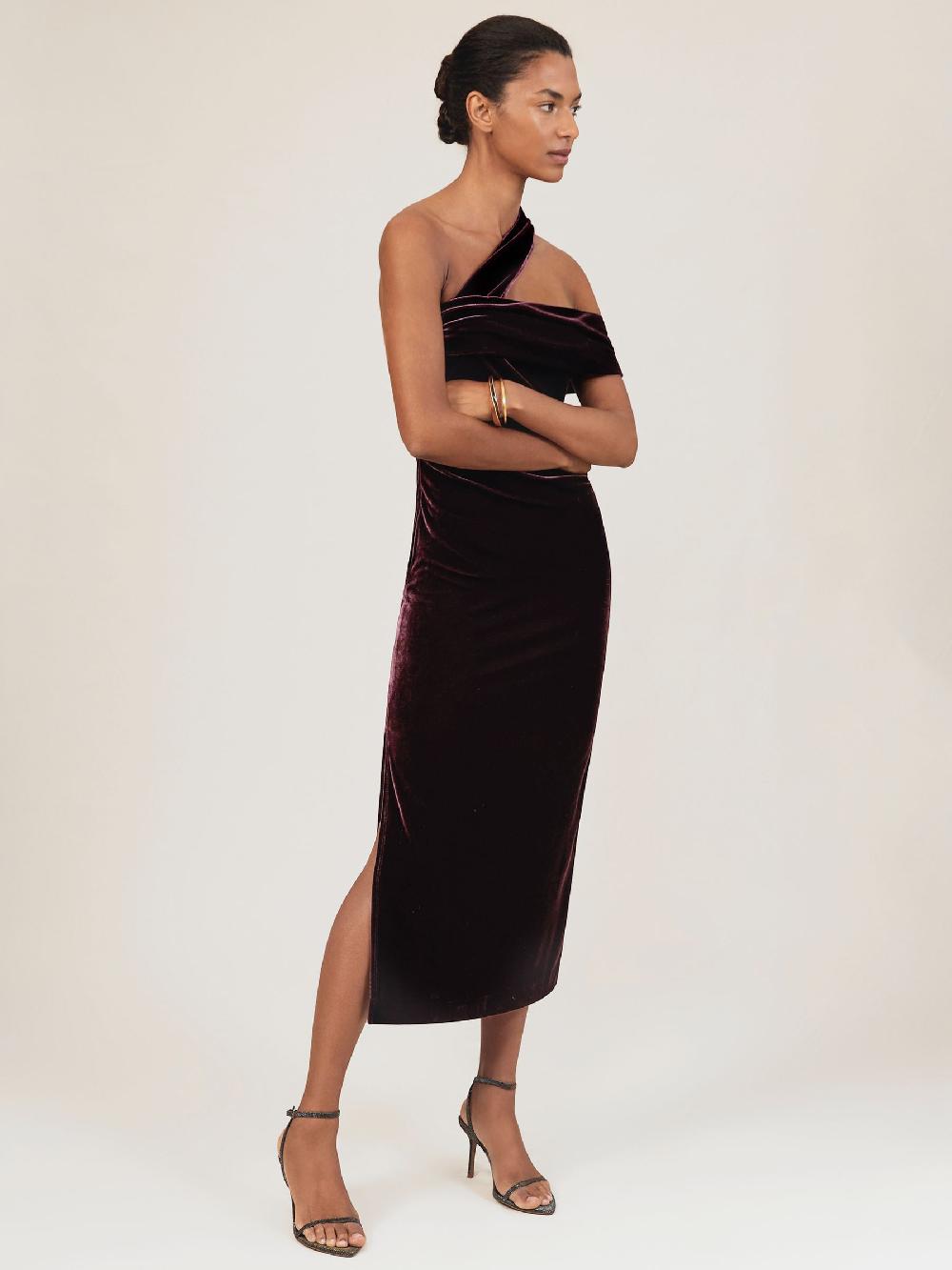 Reiss Petite Velvet One-Shoulder Midi Dress In Burgundy