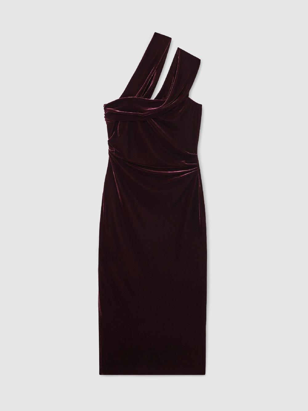 Reiss Petite Velvet One-Shoulder Midi Dress In Burgundy