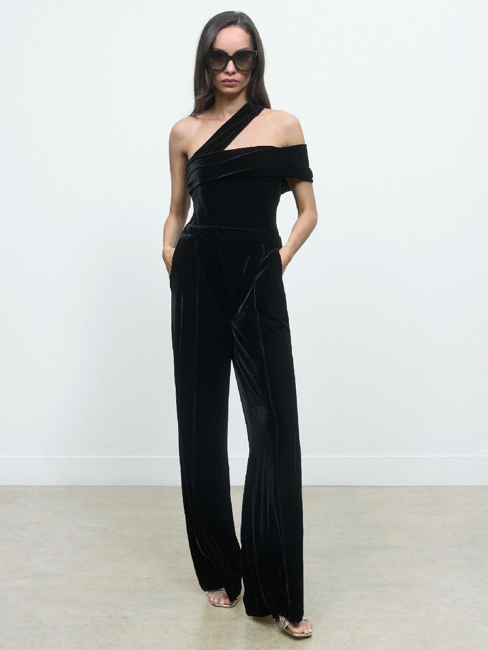 Reiss Petite Velvet One-Shoulder Wide-Leg Jumpsuit In Black