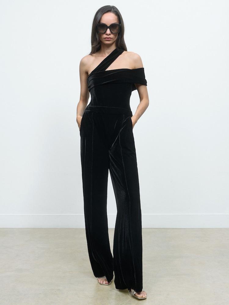 reiss Petite Velvet One-Shoulder Wide-Leg Jumpsuit in Black