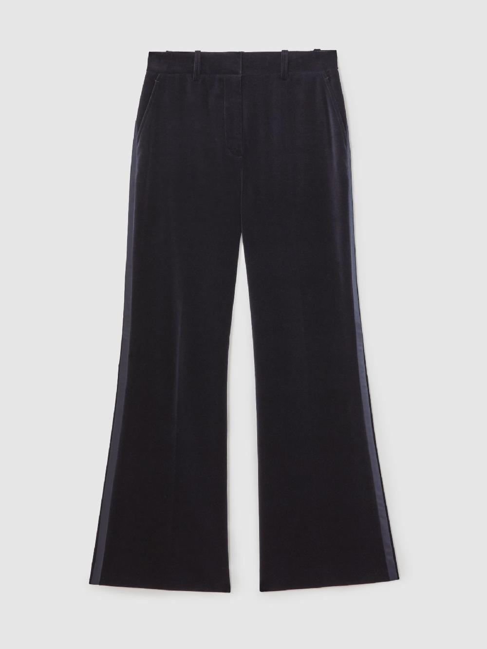 Reiss Petite Velvet Satin-Stripe Flared Trousers In Navy