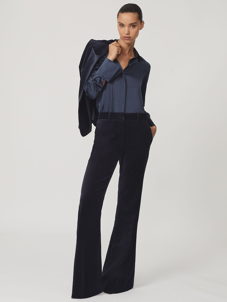 reiss Petite Velvet Satin-Stripe Flared Trousers in Navy